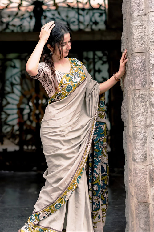Elegant Grey Linen Saree with Kalamkari Inspired Border & Printed Blouse