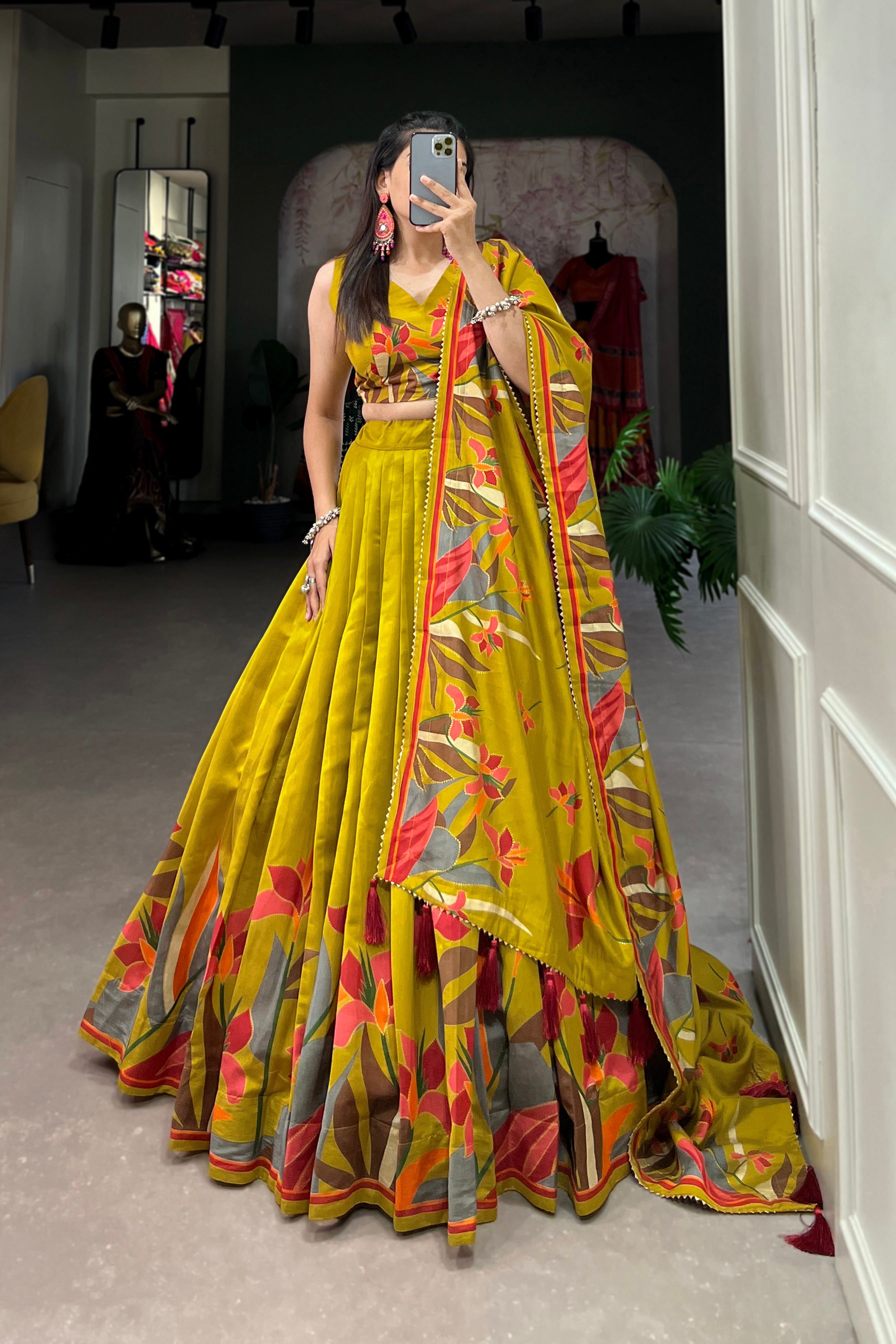 Women's Yellow Tusser Silk Floral Printed Lehenga Choli with Foil Work & Gotta Patti Lace Dupatta | Designer Festive, Navratri, Garba & Wedding Wear