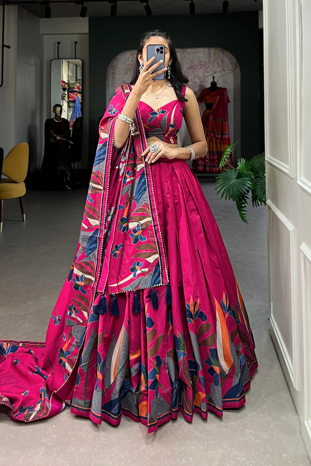 Women's Rani Pink Tusser Silk Floral Printed Lehenga Choli with Foil Work & Gotta Patti Dupatta | Designer Navratri, Festive, Wedding & Party Wear