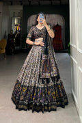 Women's Black Tusser Silk Floral Printed Lehenga Choli with Foil Work & Gotta Patti Dupatta | Designer Festive, Wedding & Party Wear