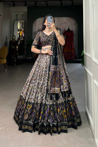 Women's Black Tusser Silk Floral Printed Lehenga Choli with Foil Work & Gotta Patti Dupatta | Designer Festive, Wedding & Party Wear