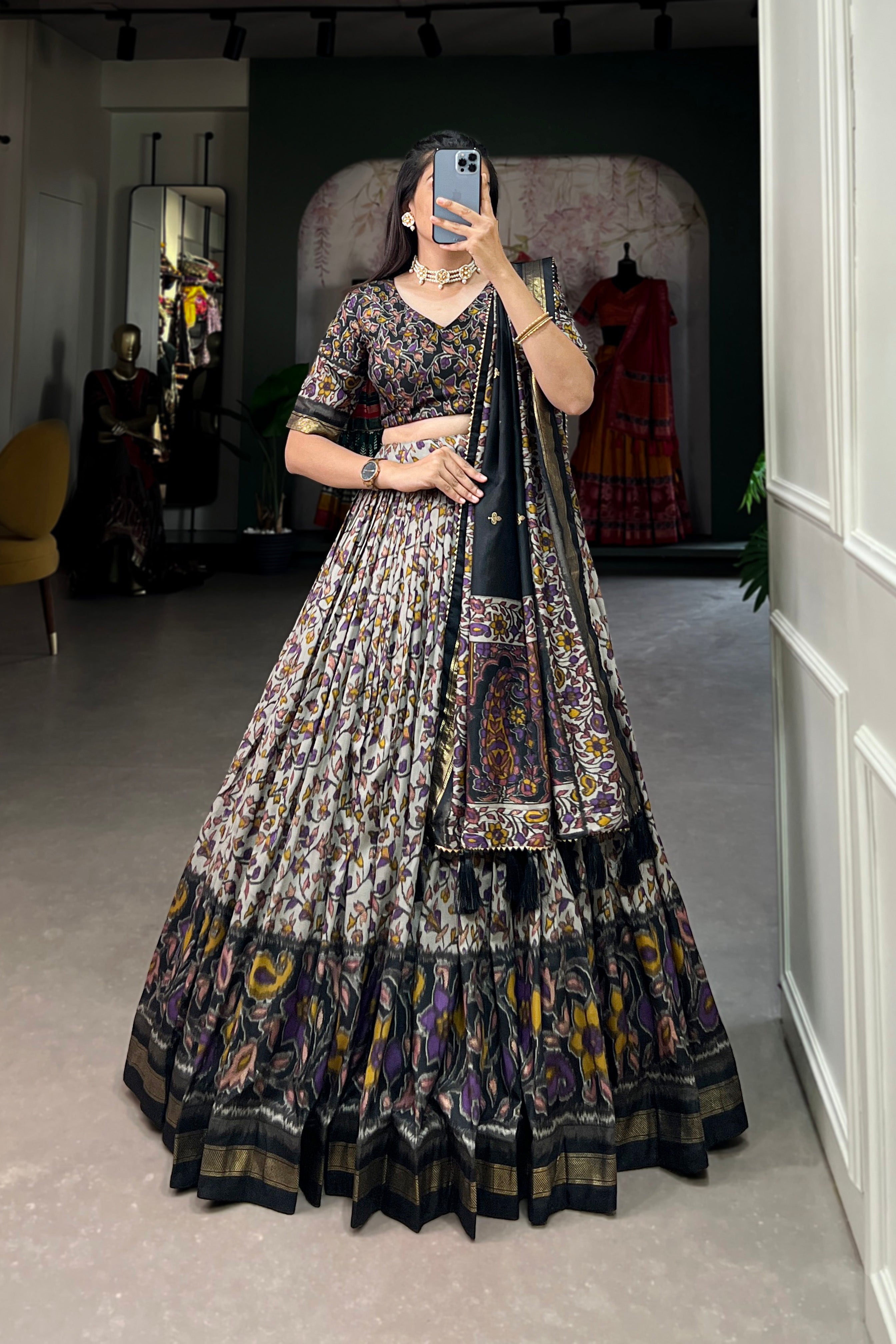Women's Black Tusser Silk Floral Printed Lehenga Choli with Foil Work & Gotta Patti Dupatta | Designer Festive, Wedding & Party Wear