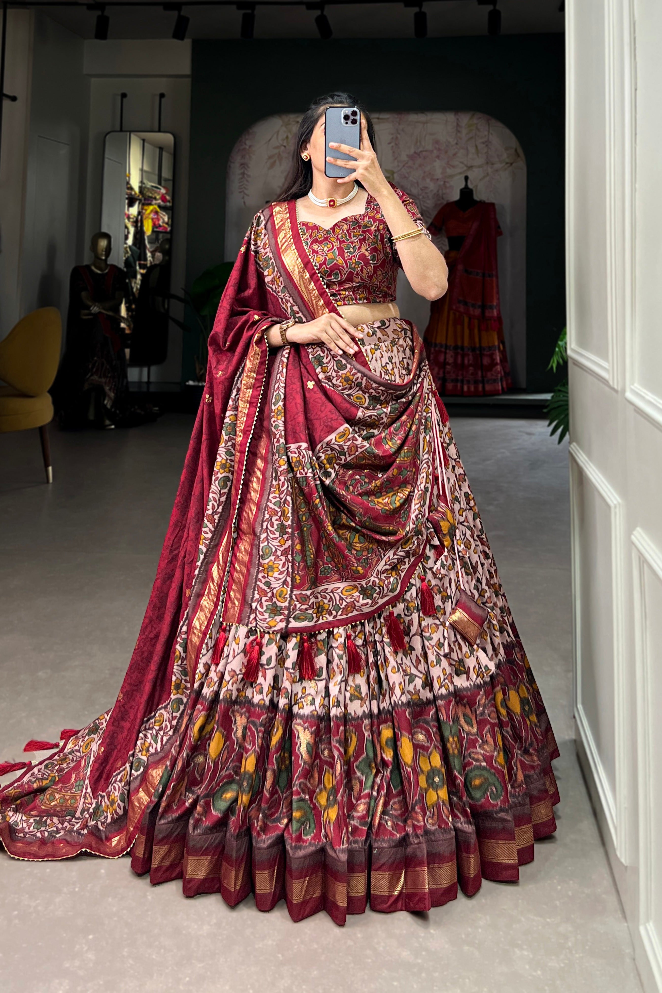Women's Maroon Tusser Silk Floral Printed Lehenga Choli with Foil Work & Gotta Patti Dupatta | Designer Wedding, Festive & Party Wear