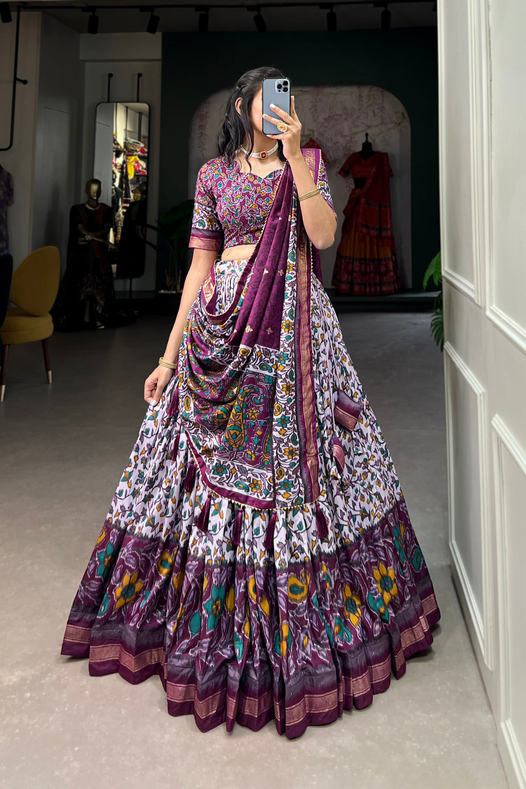 Women's Purple Floral Printed Tusser Silk Lehenga Choli with Foil Work & Gotta Patti Dupatta | Designer Wedding, Festive & Party Wear