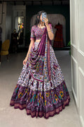Women's Purple Floral Printed Tusser Silk Lehenga Choli with Foil Work & Gotta Patti Dupatta | Designer Wedding, Festive & Party Wear