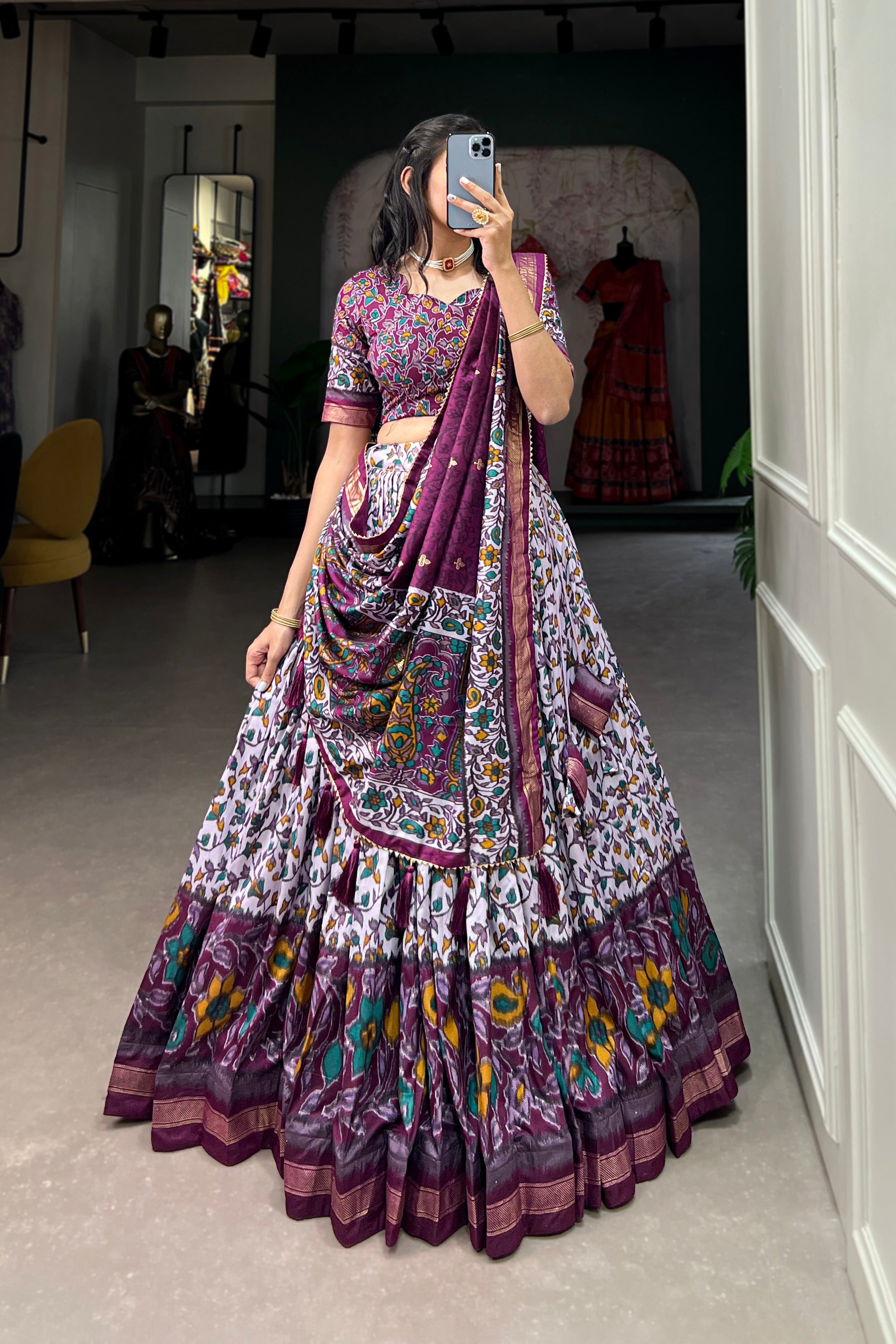 Women's Purple Floral Printed Tusser Silk Lehenga Choli with Foil Work & Gotta Patti Dupatta | Designer Wedding, Festive & Party Wear