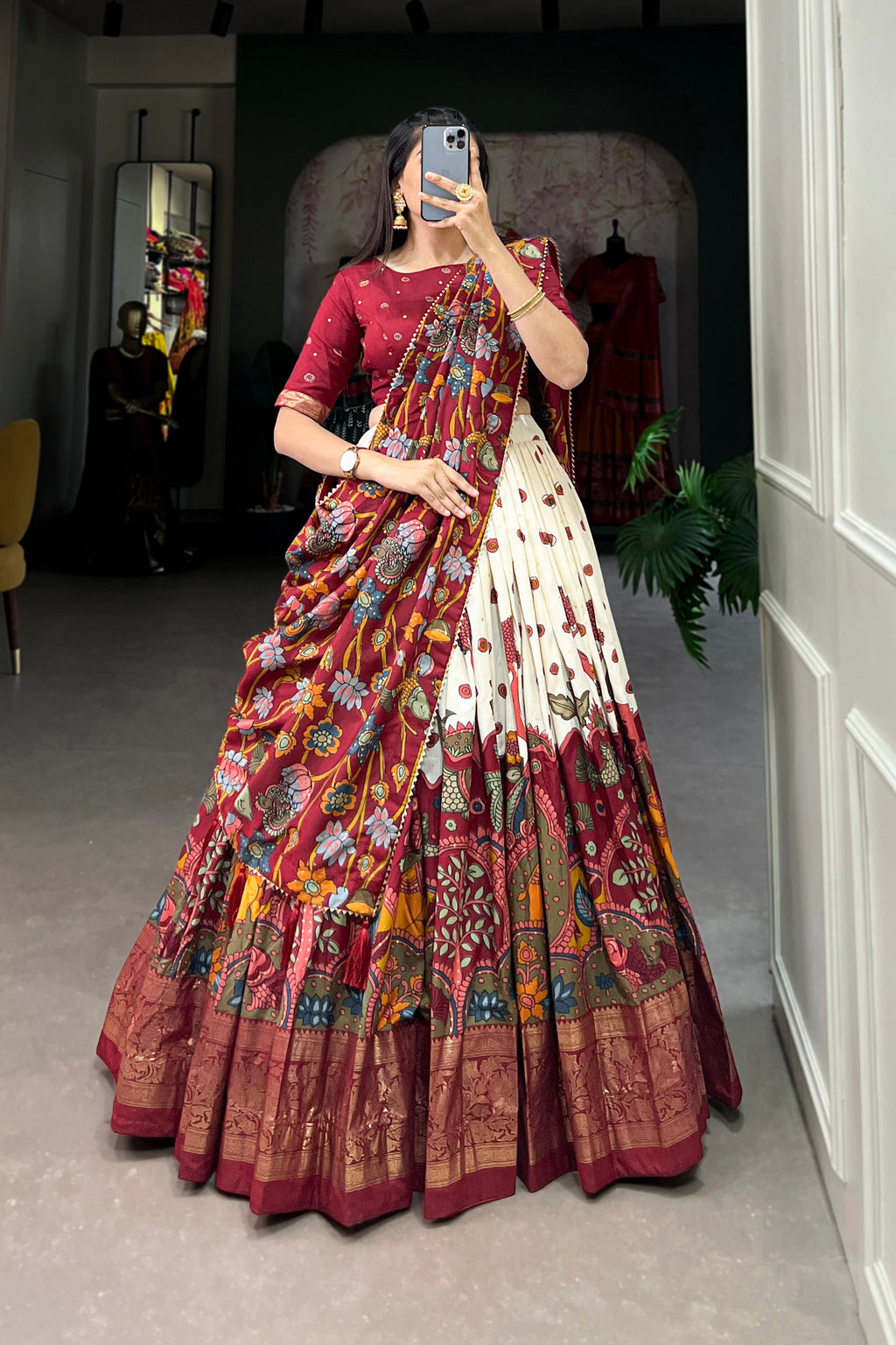 Women's Maroon & White Tusser Silk Floral Printed Lehenga Choli with Foil Work & Gotta Patti Dupatta | Designer Festive, Wedding & Party Wear