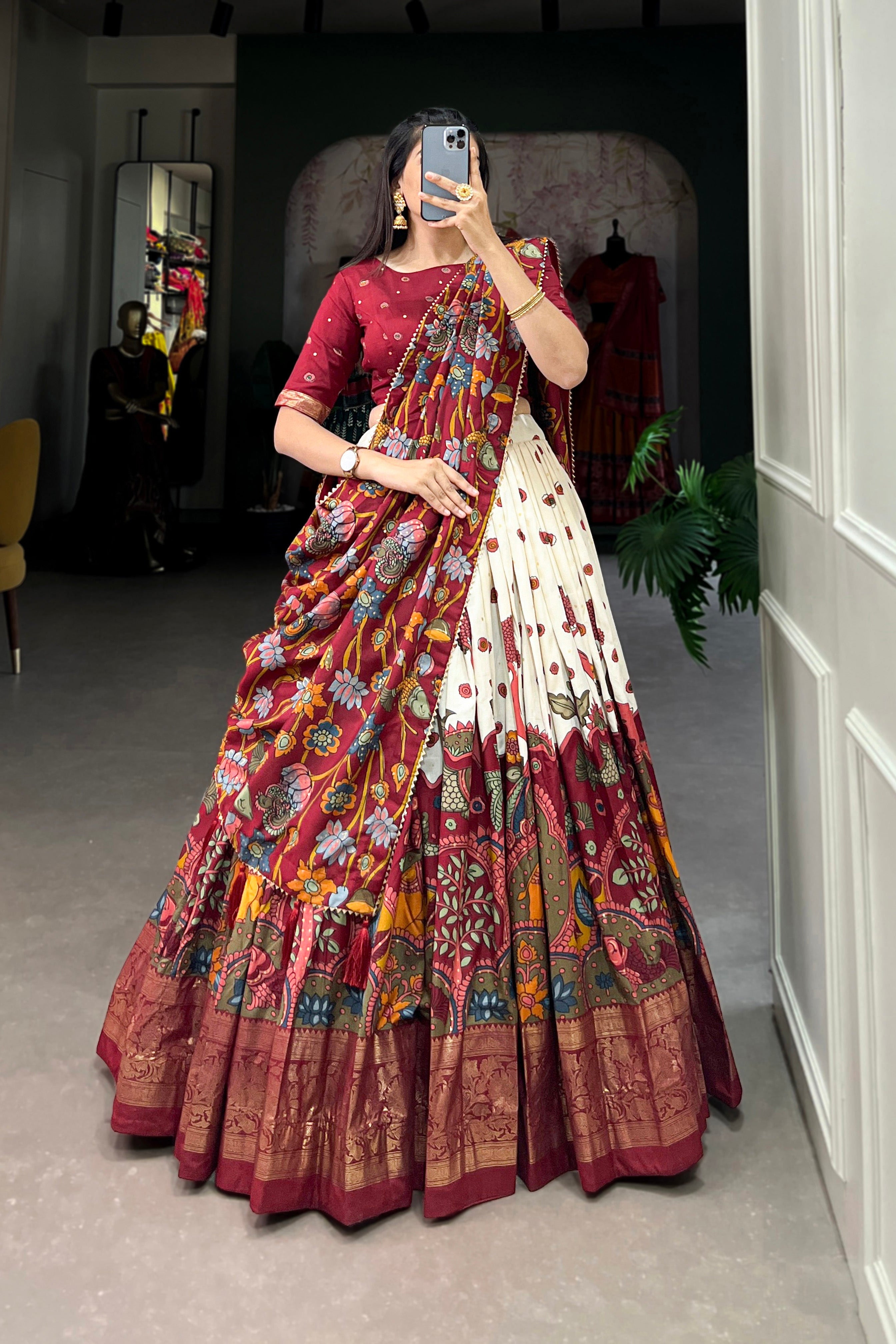 Women's Maroon & White Tusser Silk Floral Printed Lehenga Choli with Foil Work & Gotta Patti Dupatta | Designer Festive, Wedding & Party Wear