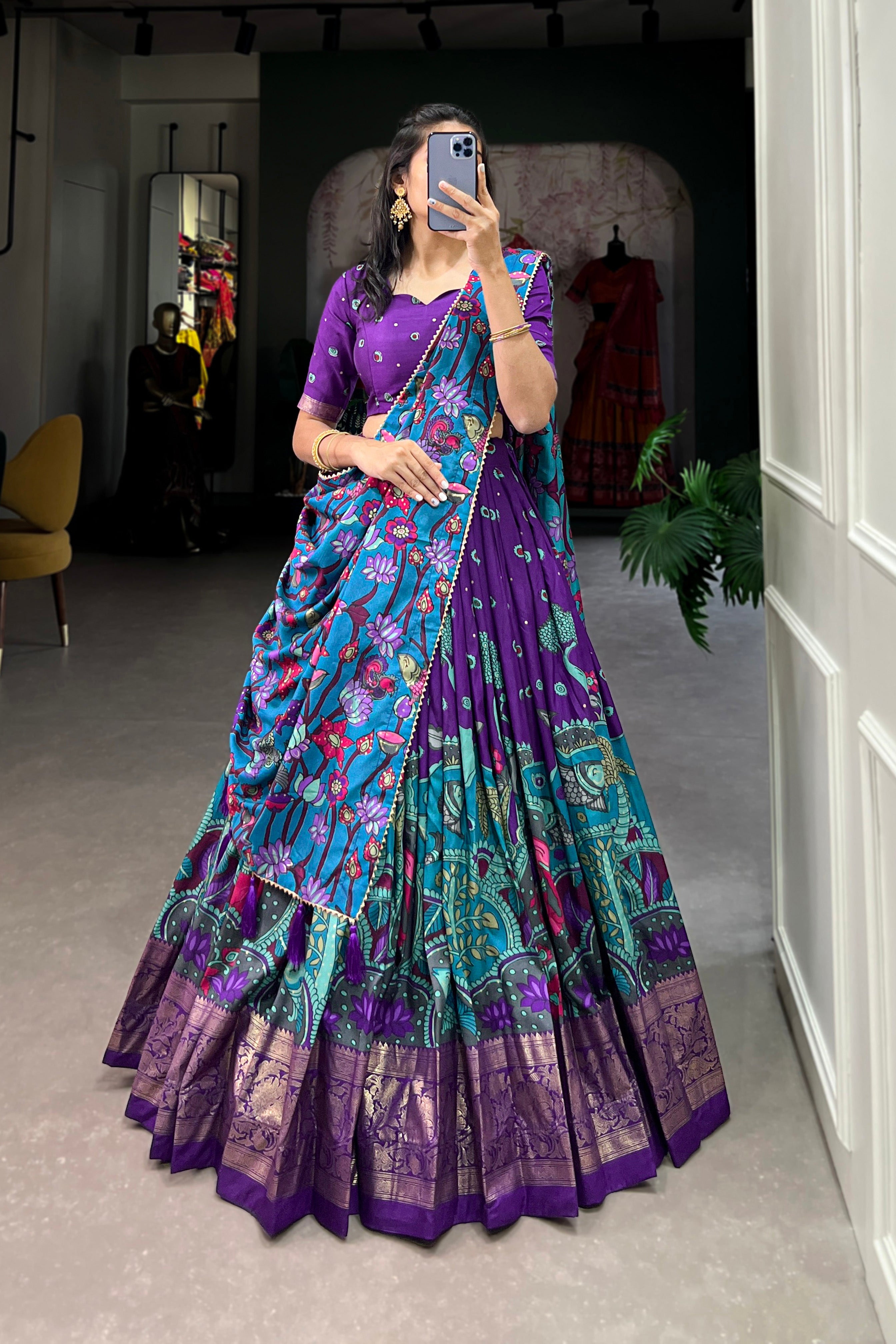 Women's Purple Tusser Silk Floral Printed Lehenga Choli with Foil Work & Gotta Patti Dupatta | Designer Festive, Wedding & Party Wear