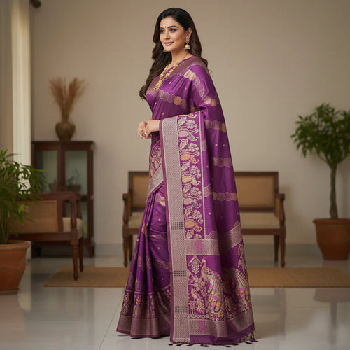 Royal Wine Purple Dola Silk Saree with Peacock & Traditional Zari Border
