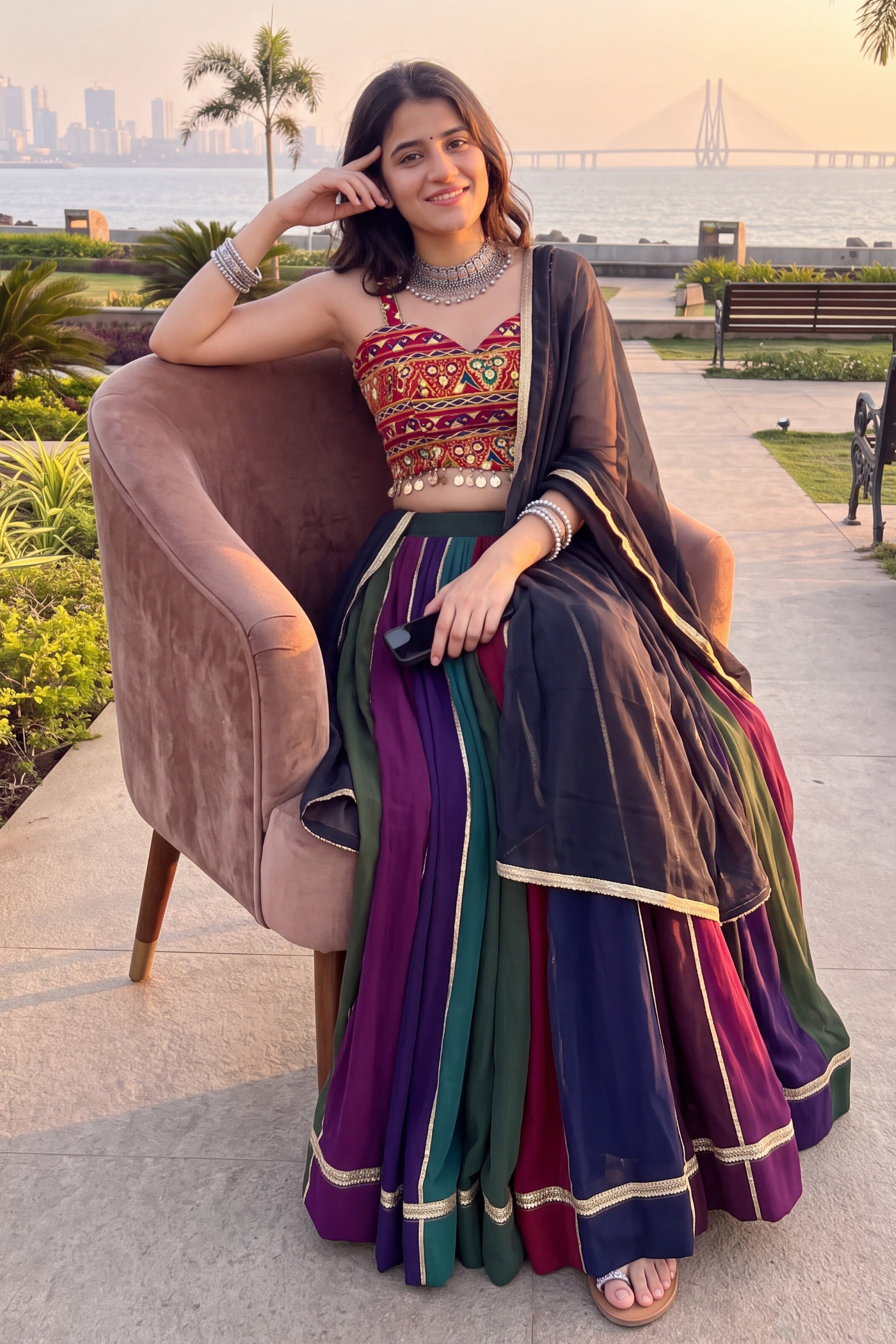 Women's Multicolor Georgette Stitched Lehenga Choli with Gota Patti Border & Mirror Gamthi Work | Designer Navratri, Garba & Dandiya Wear