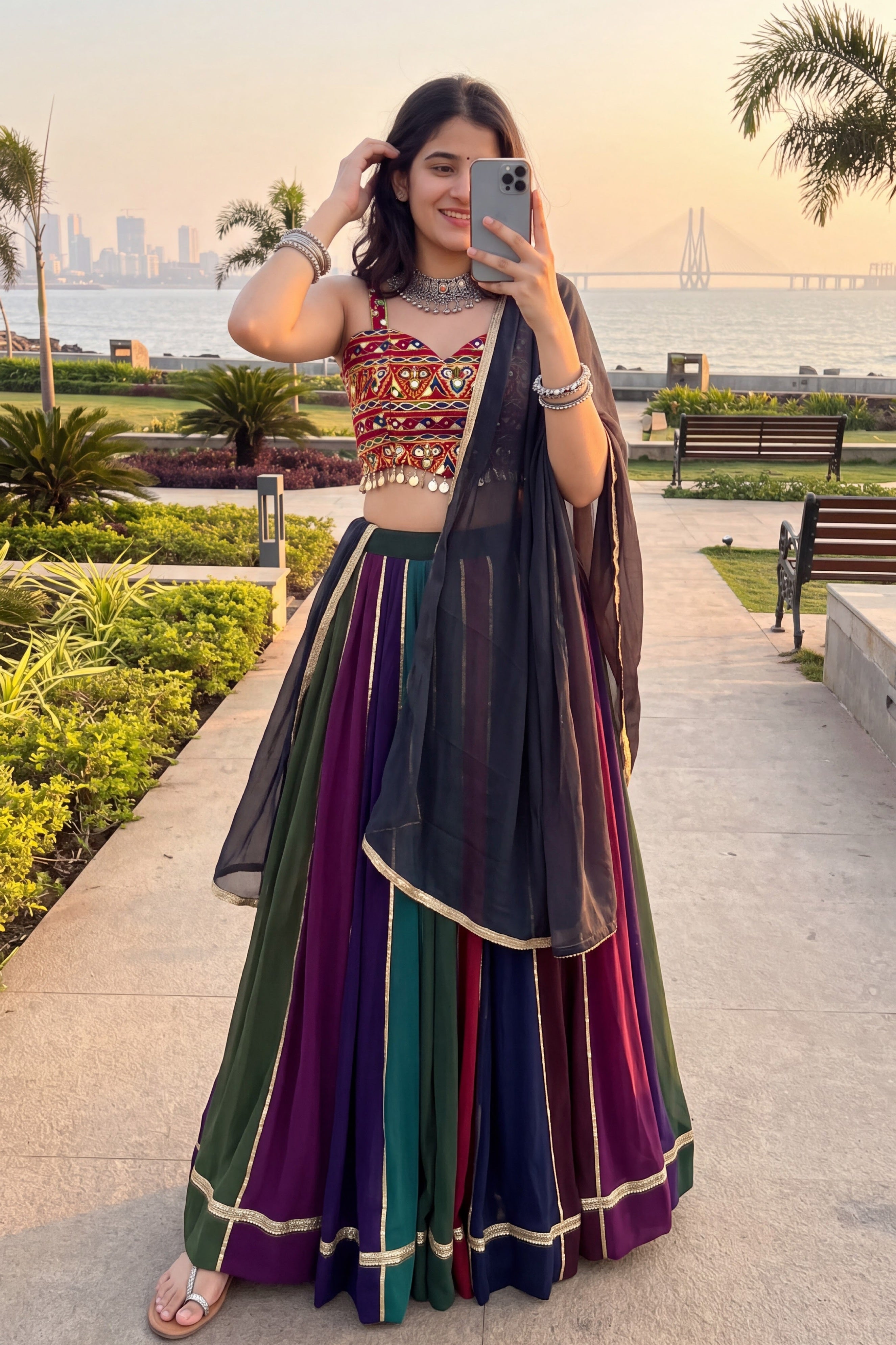 Women's Multicolor Georgette Stitched Lehenga Choli with Gota Patti Border & Mirror Gamthi Work | Designer Navratri, Garba & Dandiya Wear
