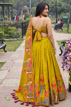 Women's Yellow Tusser Silk Floral Printed Lehenga Choli with Foil Work & Gotta Patti Lace Dupatta | Designer Festive, Navratri, Garba & Wedding Wear