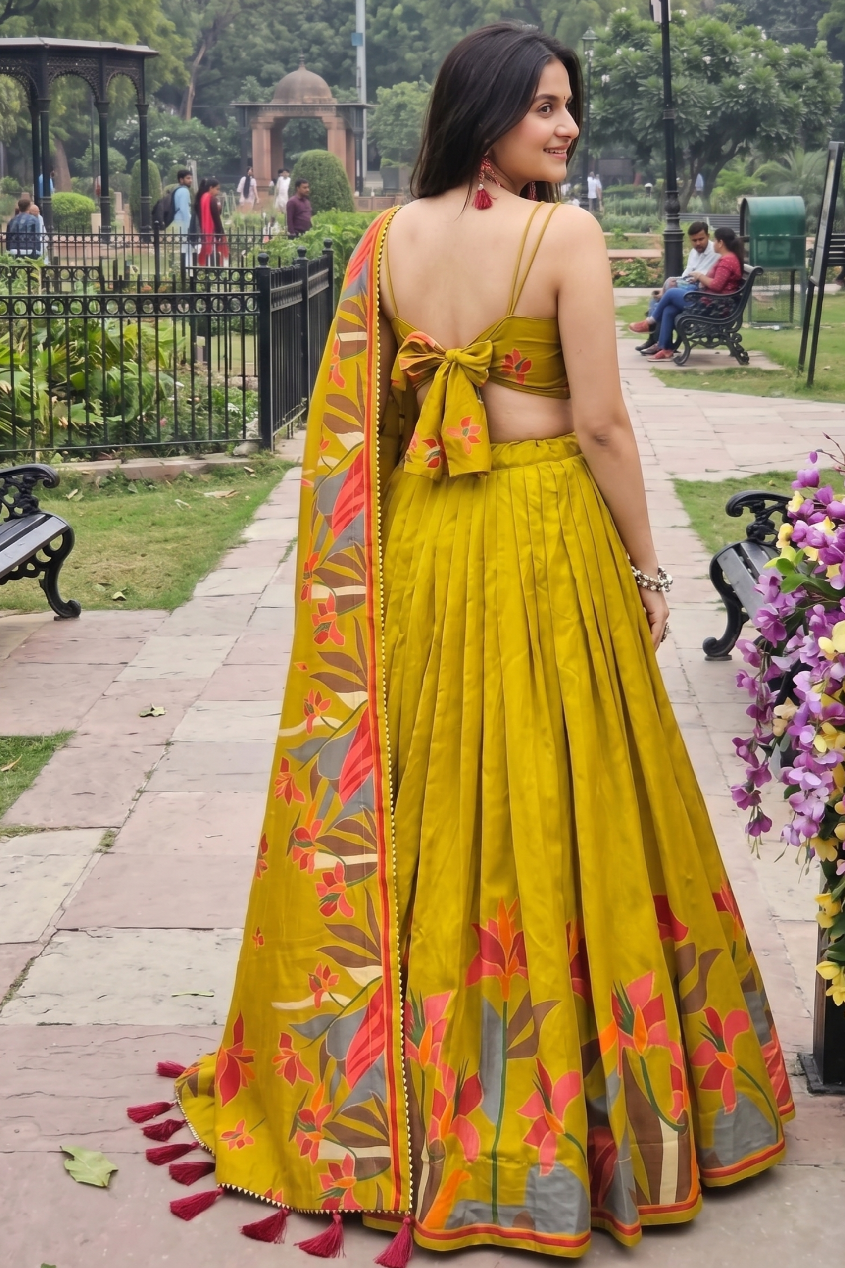 Women's Yellow Tusser Silk Floral Printed Lehenga Choli with Foil Work & Gotta Patti Lace Dupatta | Designer Festive, Navratri, Garba & Wedding Wear