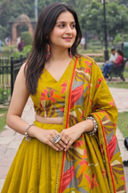 Women's Yellow Tusser Silk Floral Printed Lehenga Choli with Foil Work & Gotta Patti Lace Dupatta | Designer Festive, Navratri, Garba & Wedding Wear