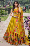 Women's Yellow Tusser Silk Floral Printed Lehenga Choli with Foil Work & Gotta Patti Lace Dupatta | Designer Festive, Navratri, Garba & Wedding Wear