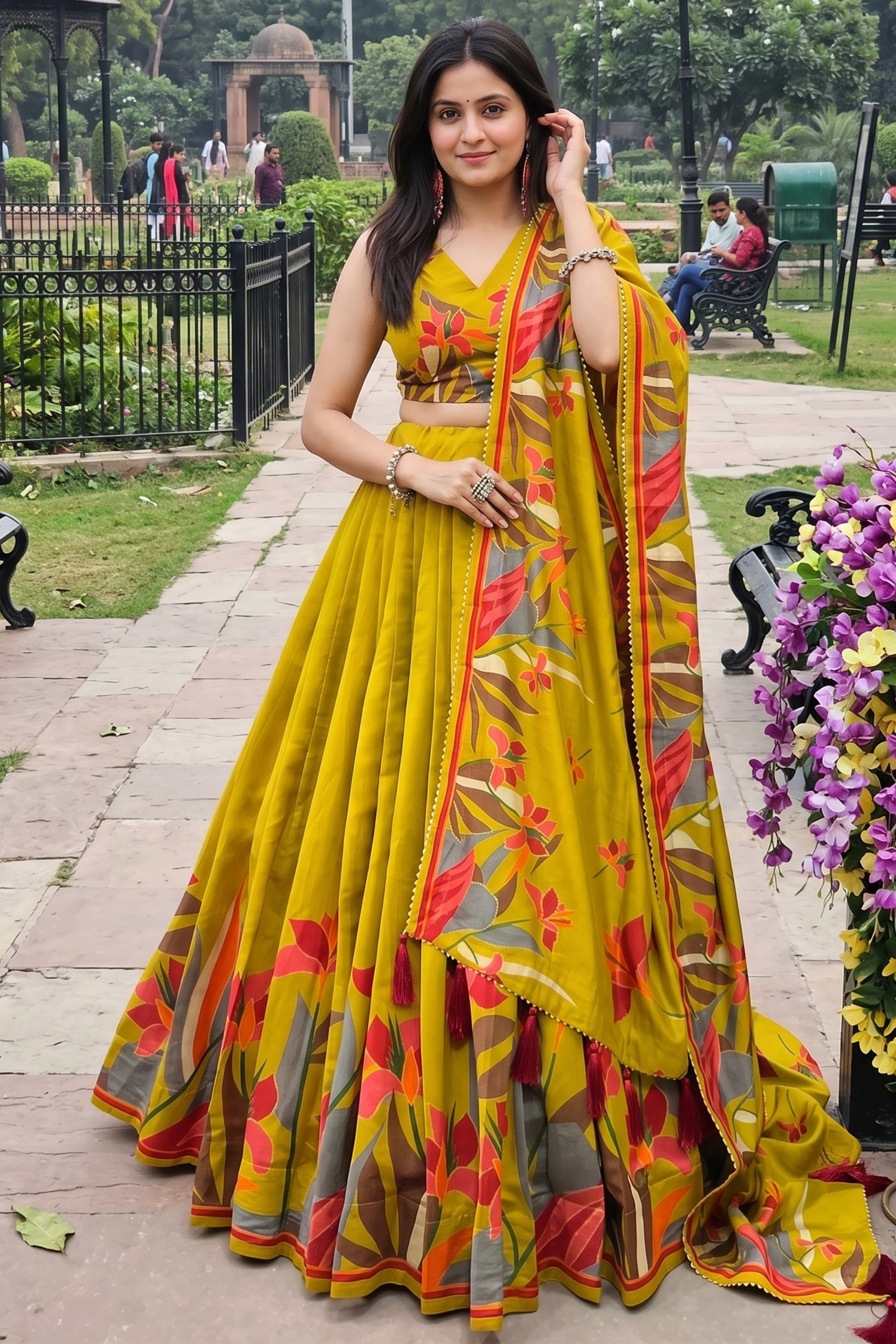 Women's Yellow Tusser Silk Floral Printed Lehenga Choli with Foil Work & Gotta Patti Lace Dupatta | Designer Festive, Navratri, Garba & Wedding Wear