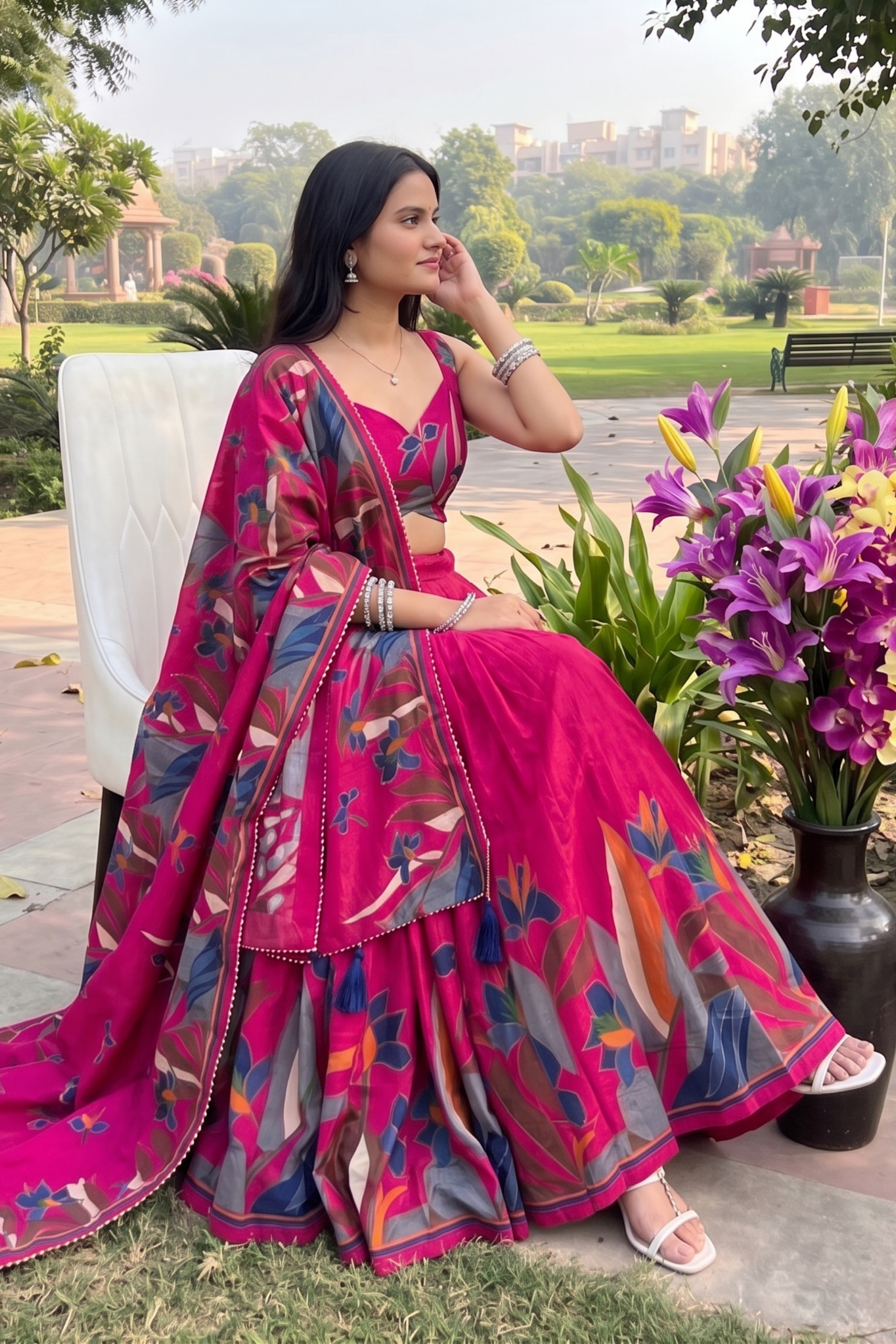 Women's Rani Pink Tusser Silk Floral Printed Lehenga Choli with Foil Work & Gotta Patti Dupatta | Designer Navratri, Festive, Wedding & Party Wear