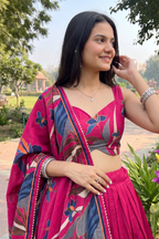 Women's Rani Pink Tusser Silk Floral Printed Lehenga Choli with Foil Work & Gotta Patti Dupatta | Designer Navratri, Festive, Wedding & Party Wear