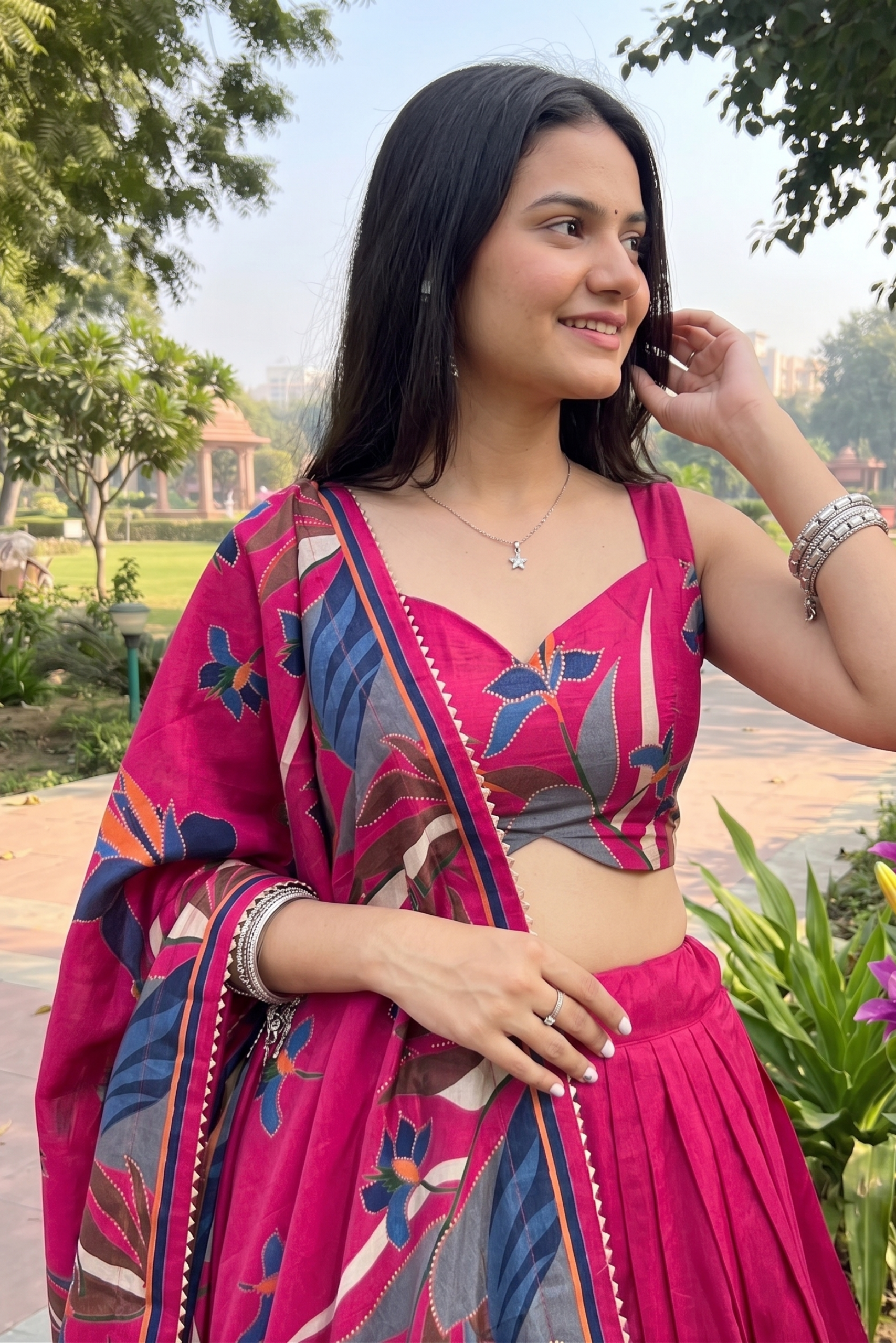 Women's Rani Pink Tusser Silk Floral Printed Lehenga Choli with Foil Work & Gotta Patti Dupatta | Designer Navratri, Festive, Wedding & Party Wear