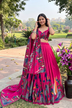 Women's Rani Pink Tusser Silk Floral Printed Lehenga Choli with Foil Work & Gotta Patti Dupatta | Designer Navratri, Festive, Wedding & Party Wear