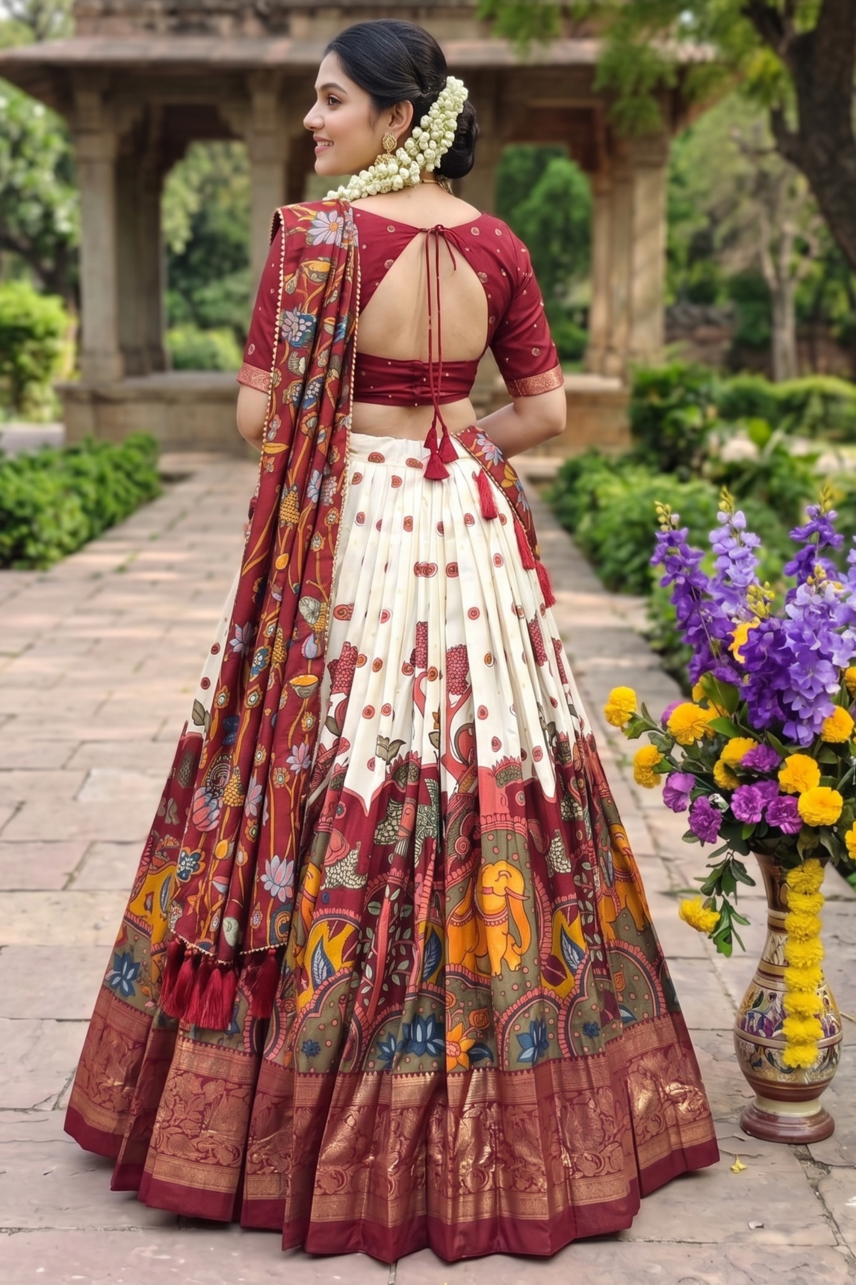 Women's Maroon & White Tusser Silk Floral Printed Lehenga Choli with Foil Work & Gotta Patti Dupatta | Designer Festive, Wedding & Party Wear