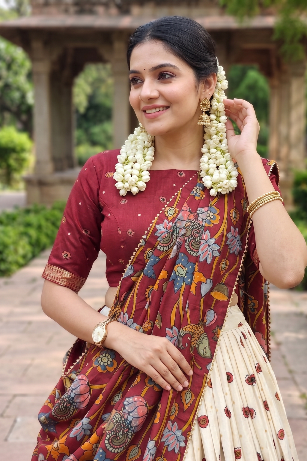 Women's Maroon & White Tusser Silk Floral Printed Lehenga Choli with Foil Work & Gotta Patti Dupatta | Designer Festive, Wedding & Party Wear