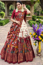 Women's Maroon & White Tusser Silk Floral Printed Lehenga Choli with Foil Work & Gotta Patti Dupatta | Designer Festive, Wedding & Party Wear