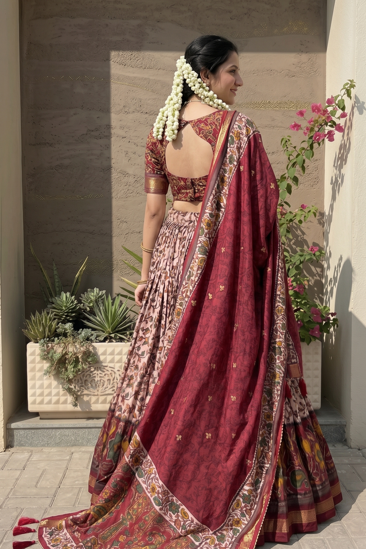 Women's Maroon Tusser Silk Floral Printed Lehenga Choli with Foil Work & Gotta Patti Dupatta | Designer Wedding, Festive & Party Wear