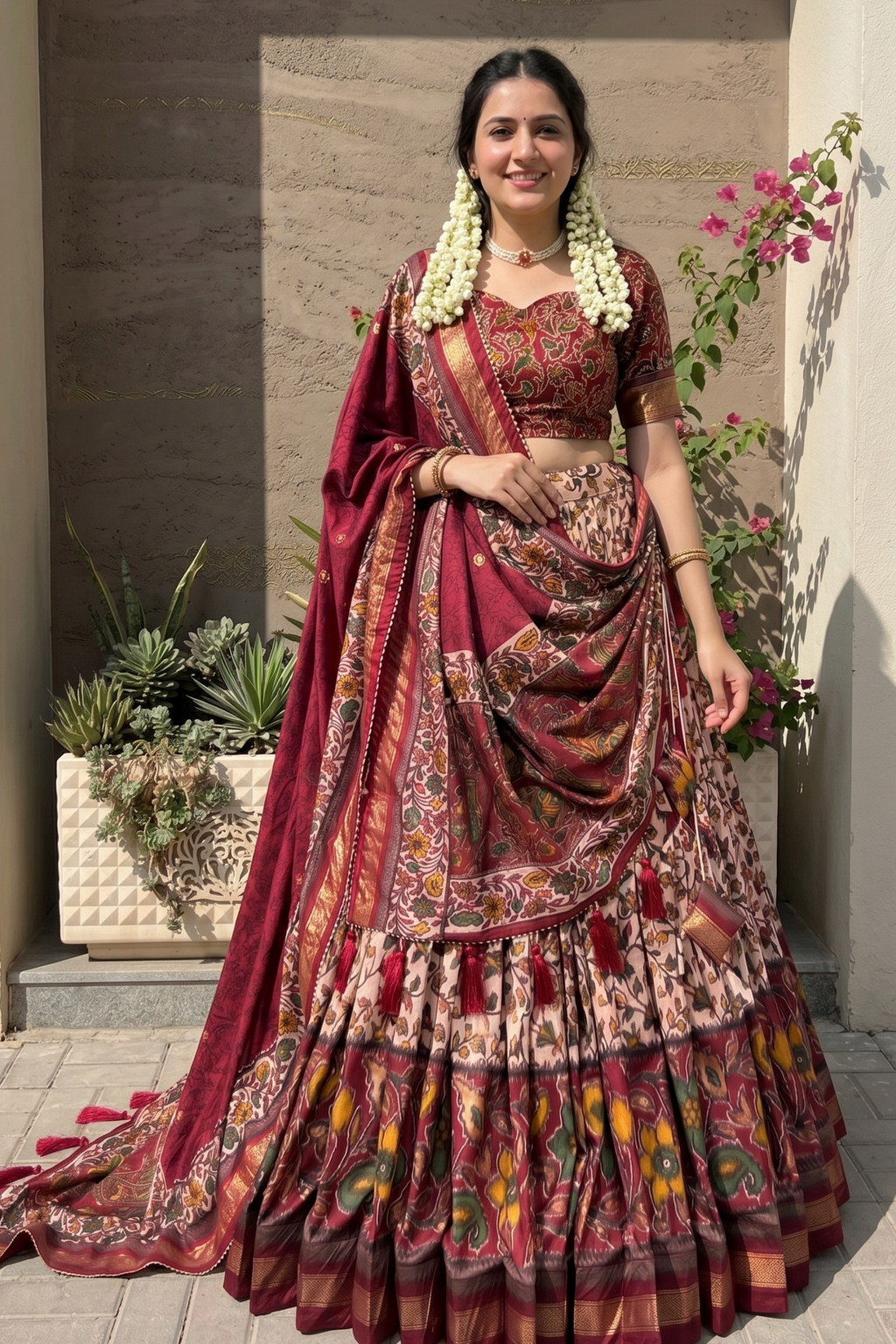 Women's Maroon Tusser Silk Floral Printed Lehenga Choli with Foil Work & Gotta Patti Dupatta | Designer Wedding, Festive & Party Wear