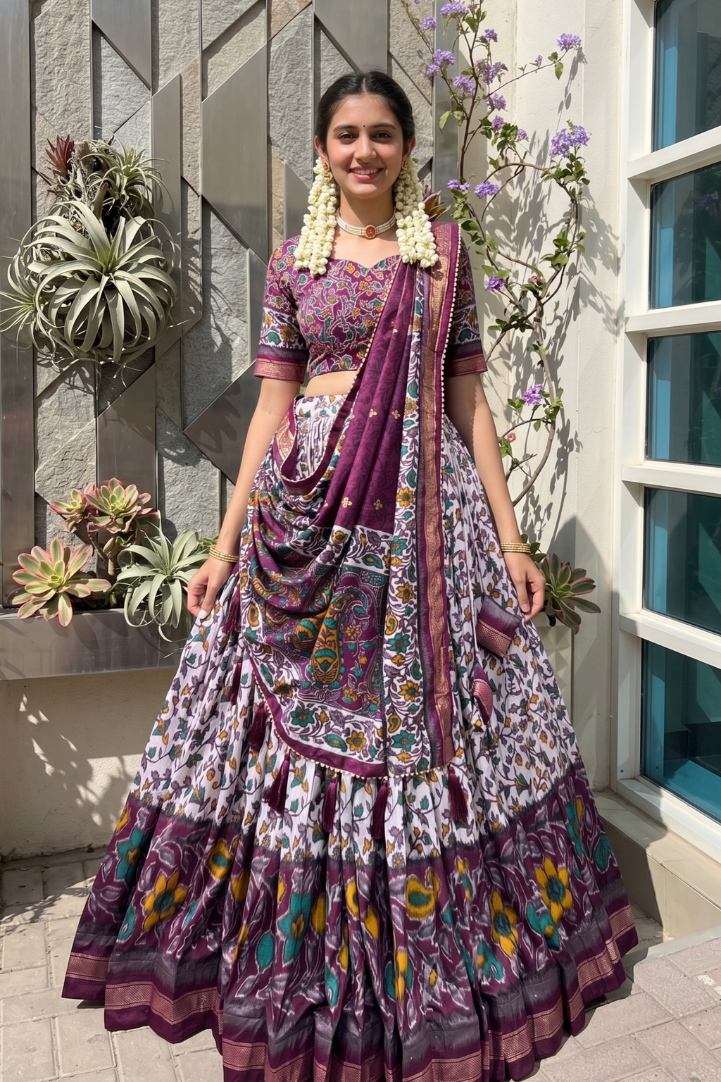 Women's Purple Floral Printed Tusser Silk Lehenga Choli with Foil Work & Gotta Patti Dupatta | Designer Wedding, Festive & Party Wear