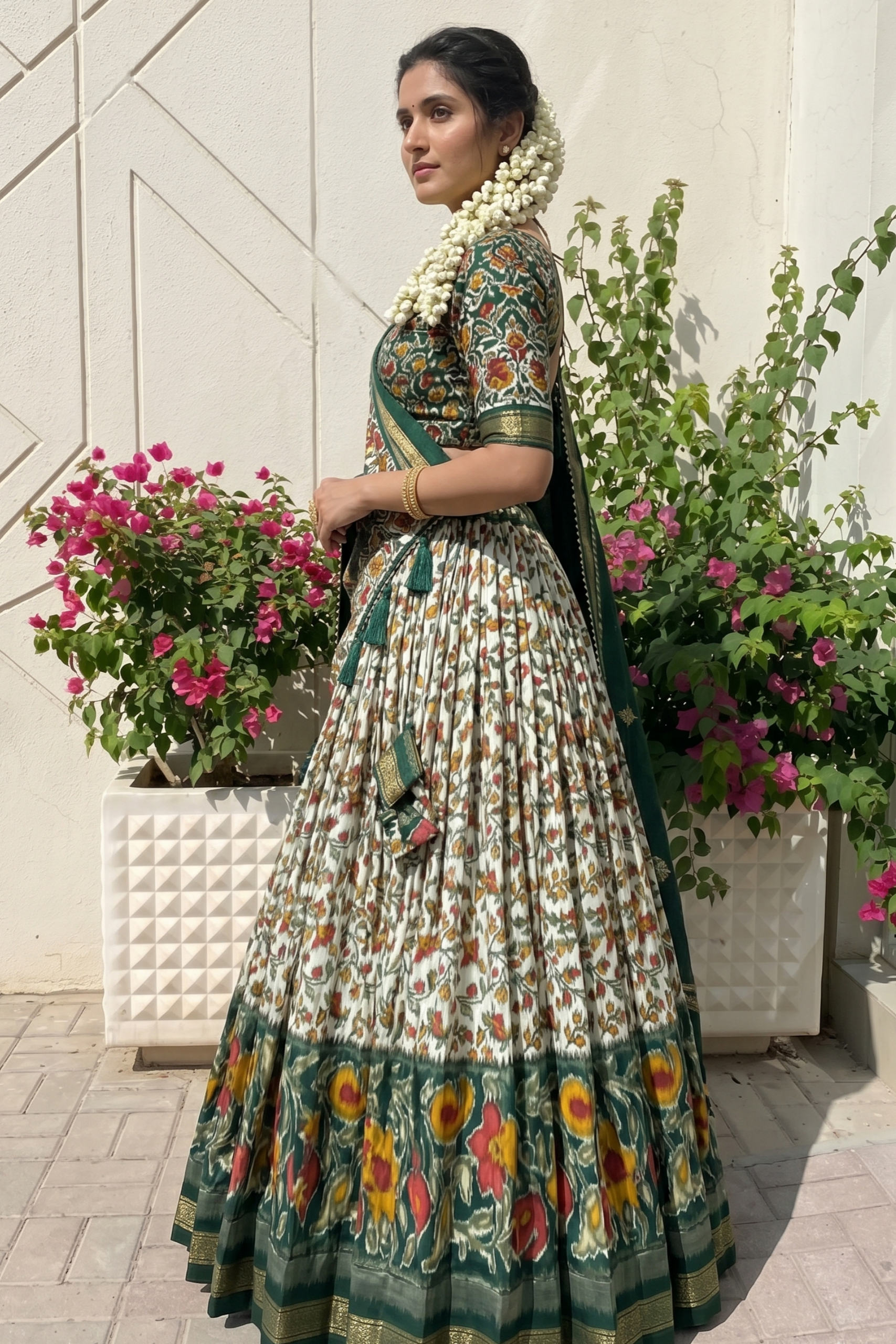 Women's Green Tusser Silk Floral Printed Lehenga Choli with Foil Work & Gotta Patti Dupatta | Designer Wedding, Festive, Navratri & Party Wear