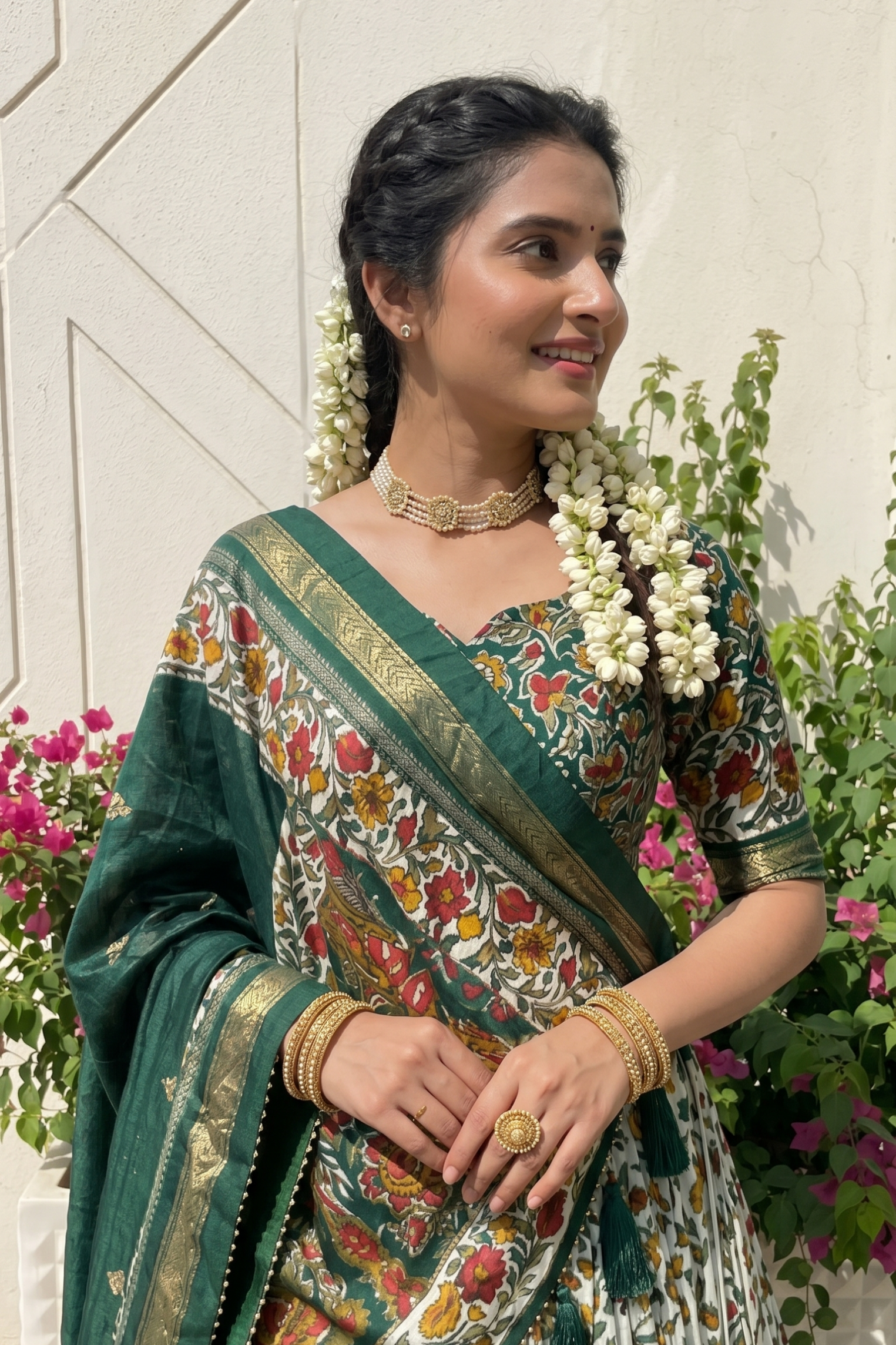 Women's Green Tusser Silk Floral Printed Lehenga Choli with Foil Work & Gotta Patti Dupatta | Designer Wedding, Festive, Navratri & Party Wear