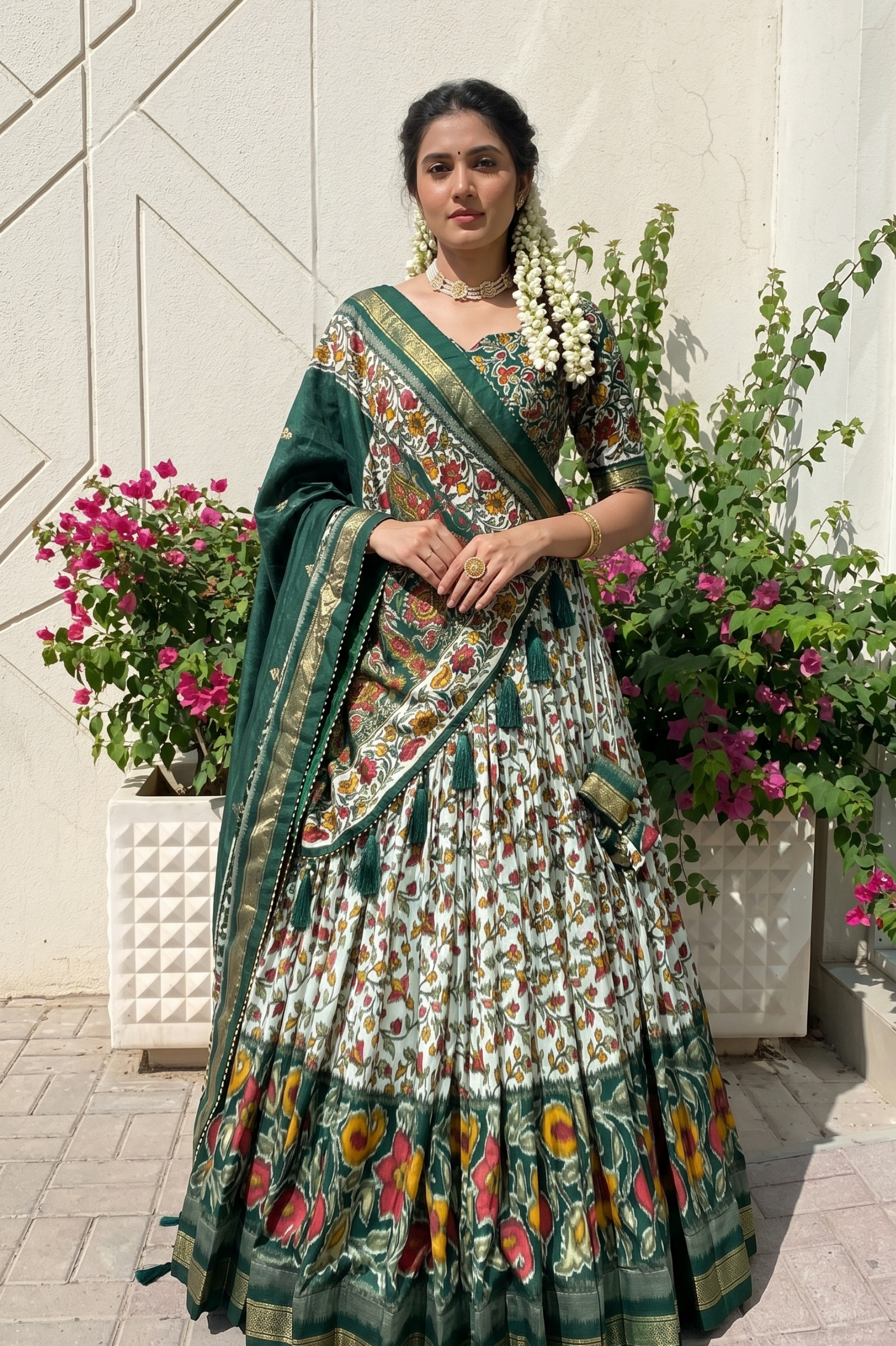 Women's Green Tusser Silk Floral Printed Lehenga Choli with Foil Work & Gotta Patti Dupatta | Designer Wedding, Festive, Navratri & Party Wear