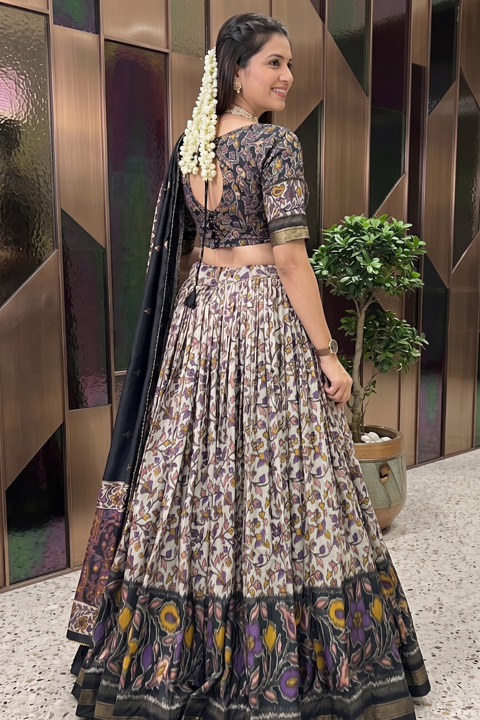 Women's Black Tusser Silk Floral Printed Lehenga Choli with Foil Work & Gotta Patti Dupatta | Designer Festive, Wedding & Party Wear