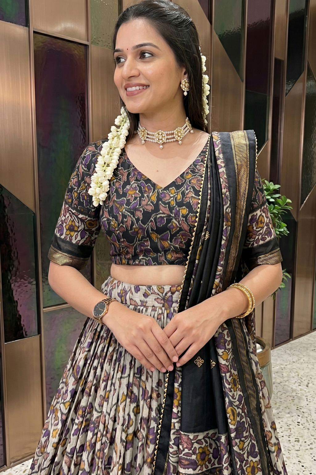 Women's Black Tusser Silk Floral Printed Lehenga Choli with Foil Work & Gotta Patti Dupatta | Designer Festive, Wedding & Party Wear