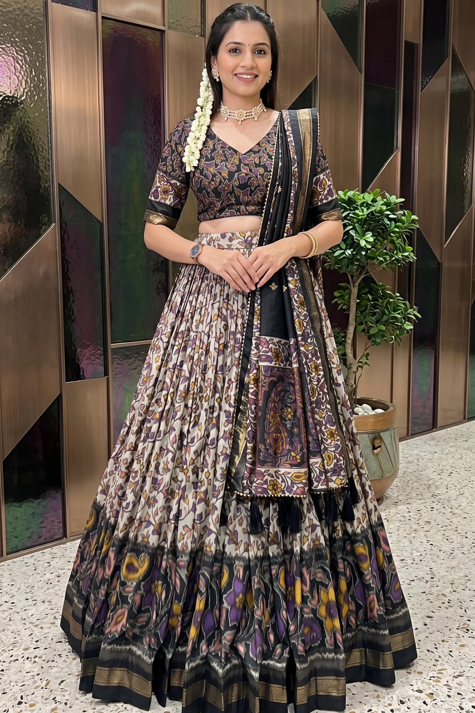 Women's Black Tusser Silk Floral Printed Lehenga Choli with Foil Work & Gotta Patti Dupatta | Designer Festive, Wedding & Party Wear