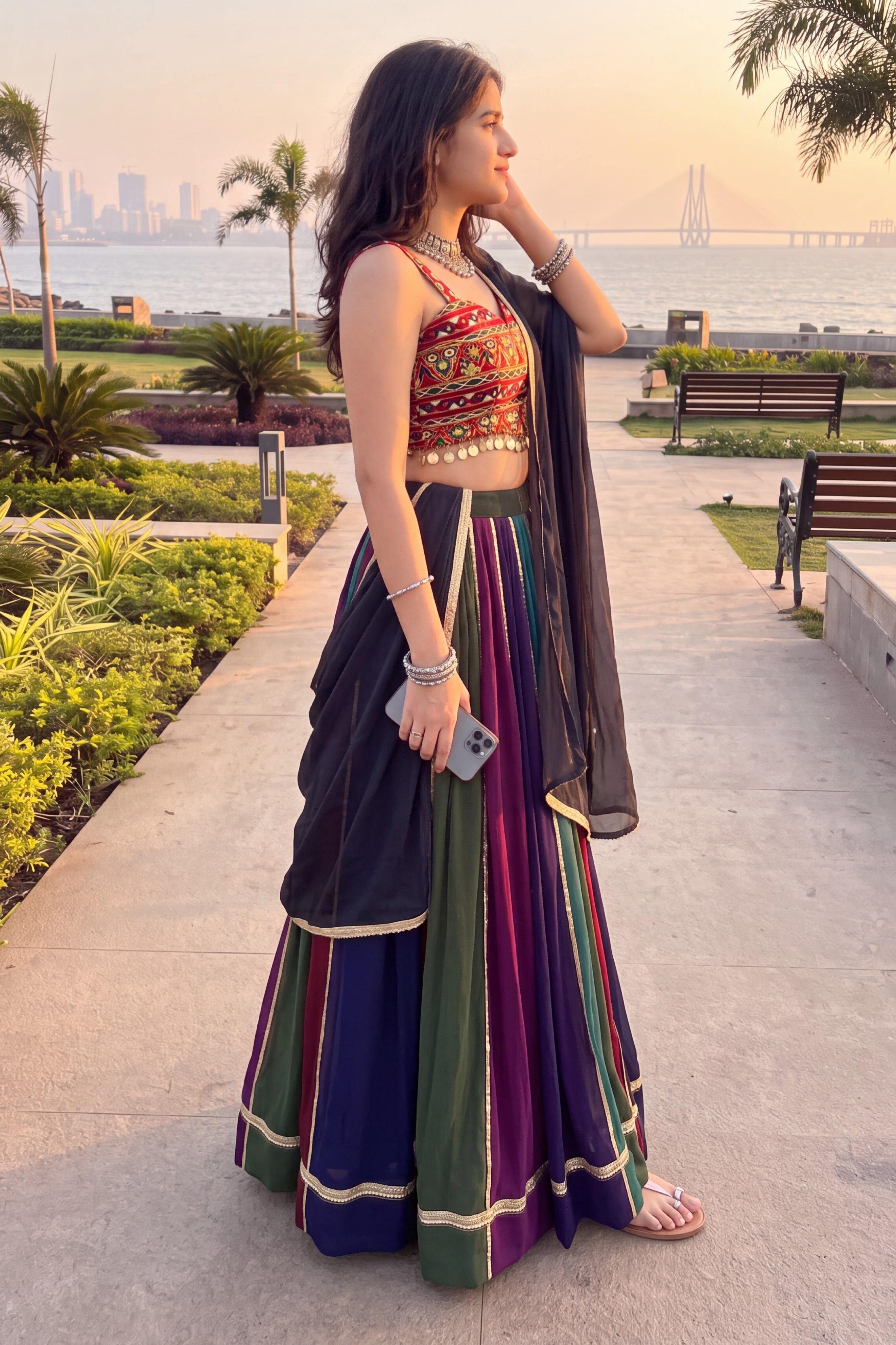 Women's Multicolor Georgette Stitched Lehenga Choli with Gota Patti Border & Mirror Gamthi Work | Designer Navratri, Garba & Dandiya Wear
