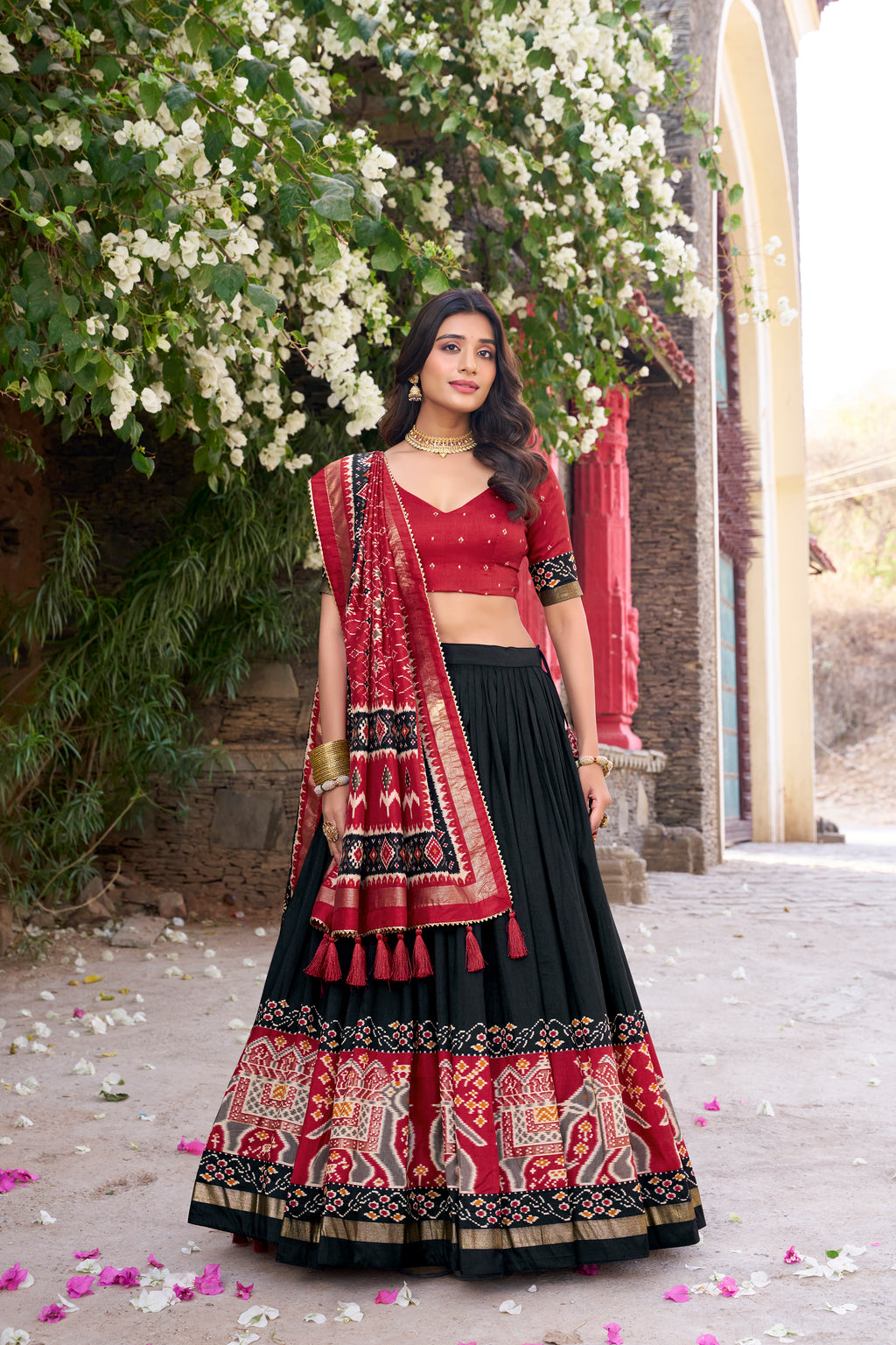 Women's Black Tusser Silk Floral Printed Lehenga Choli with Foil Work & Gotta Patti Dupatta | Designer Festive, Wedding & Party Wear