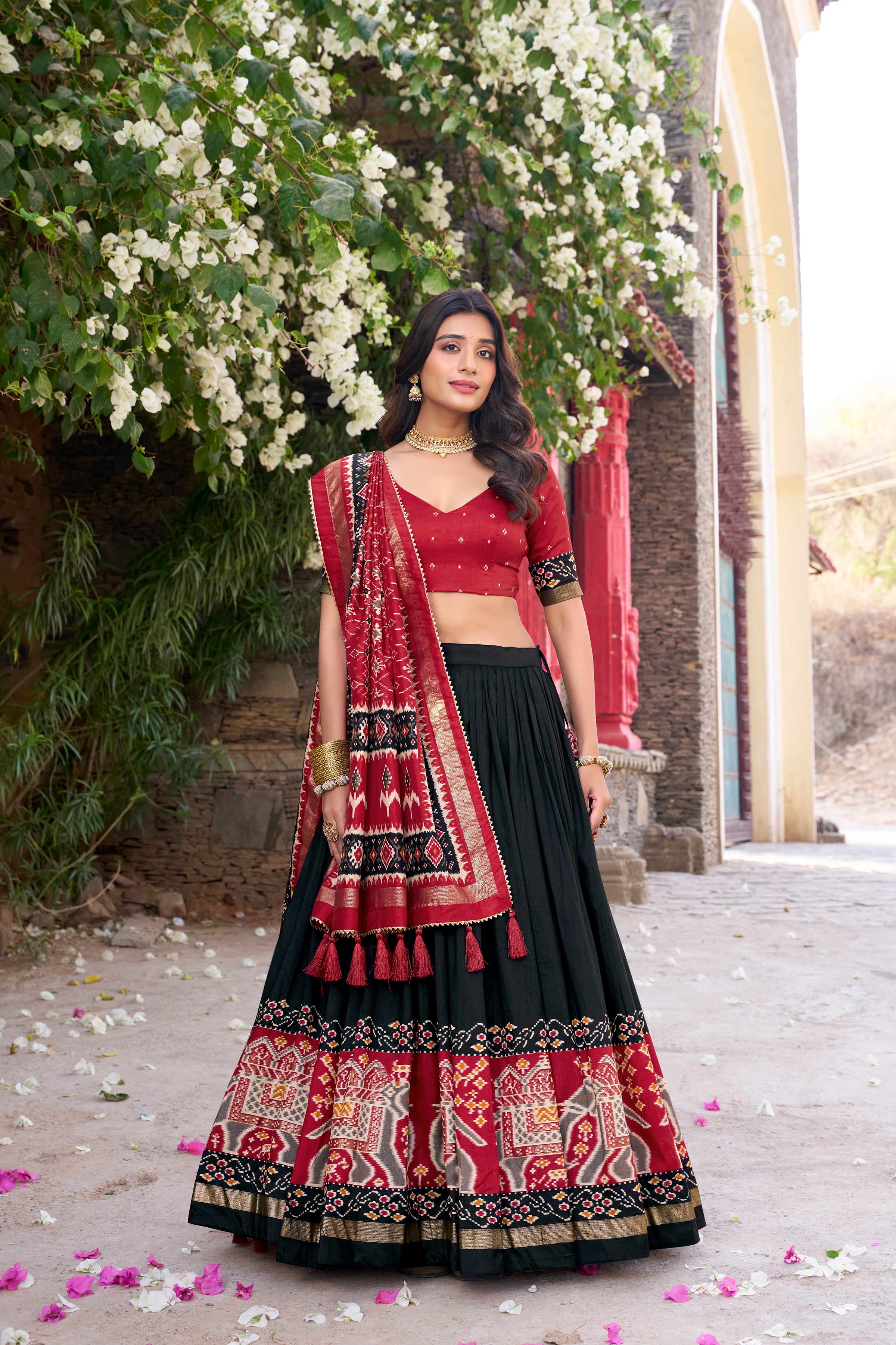 Women's Black Tusser Silk Floral Printed Lehenga Choli with Foil Work & Gotta Patti Dupatta | Designer Festive, Wedding & Party Wear