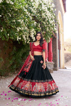 Women's Black Tusser Silk Floral Printed Lehenga Choli with Foil Work & Gotta Patti Dupatta | Designer Festive, Wedding & Party Wear