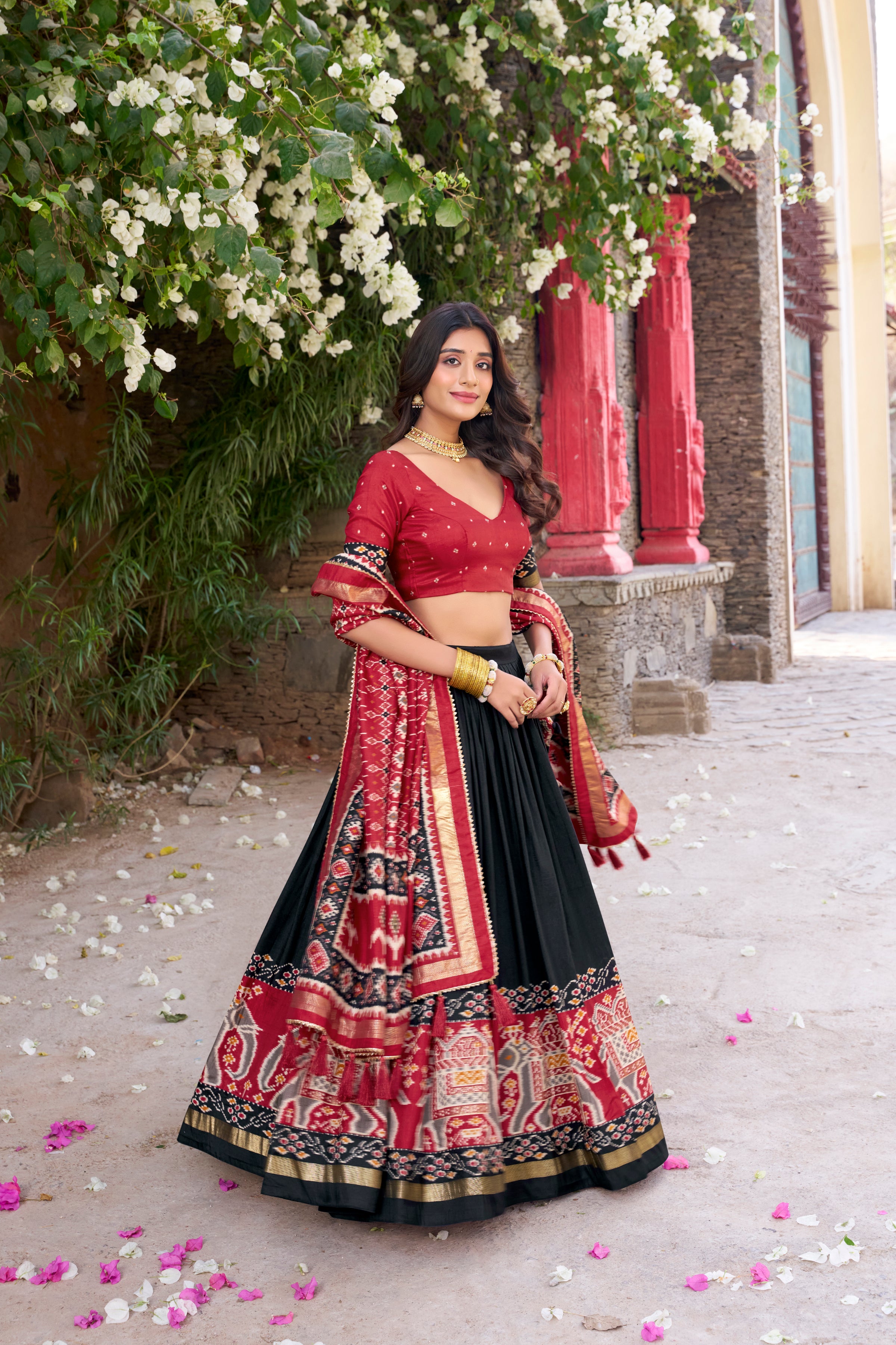 Women's Black Tusser Silk Floral Printed Lehenga Choli with Foil Work & Gotta Patti Dupatta | Designer Festive, Wedding & Party Wear