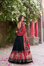 Women's Black Tusser Silk Floral Printed Lehenga Choli with Foil Work & Gotta Patti Dupatta | Designer Festive, Wedding & Party Wear
