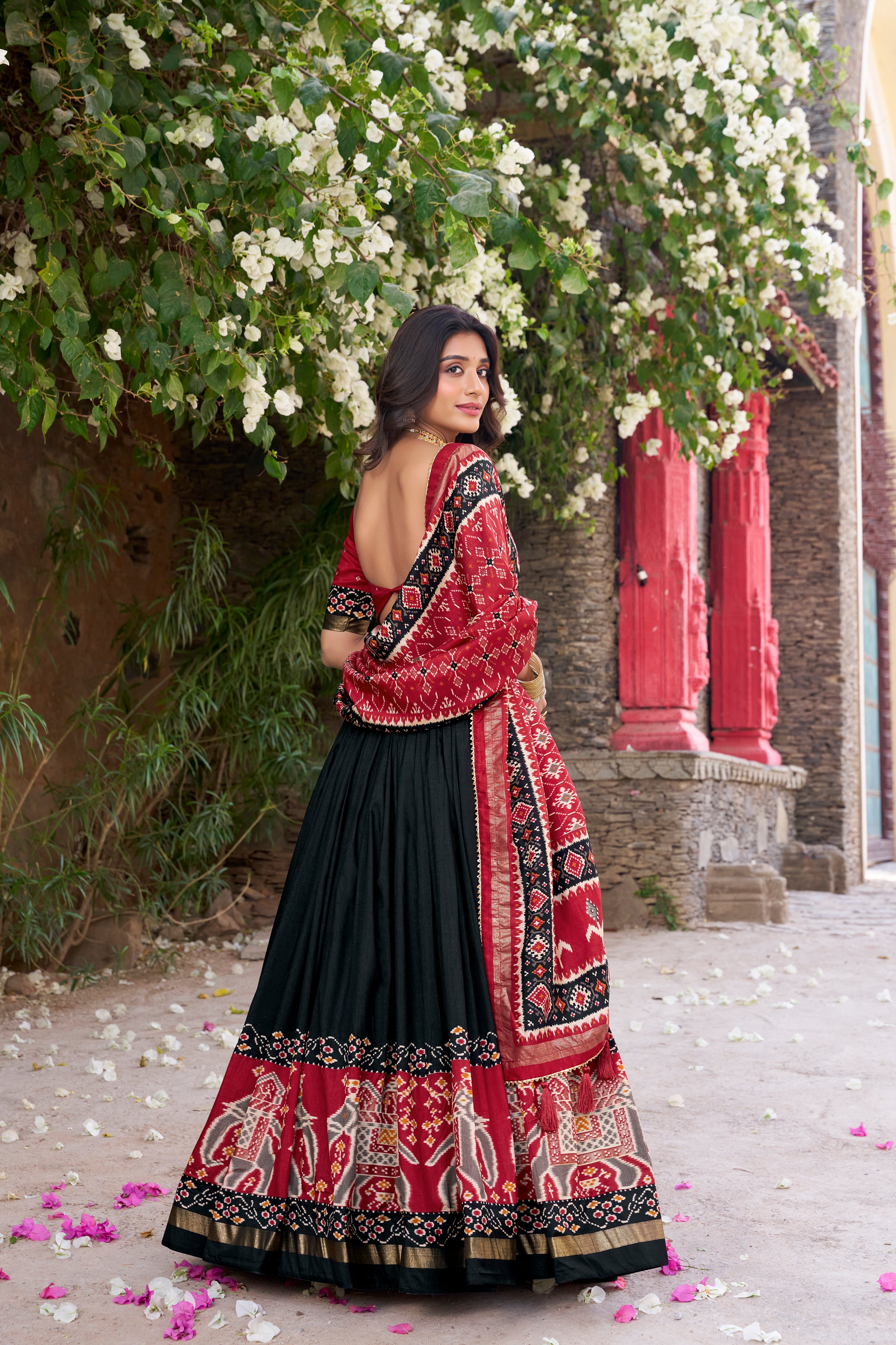 Women's Black Tusser Silk Floral Printed Lehenga Choli with Foil Work & Gotta Patti Dupatta | Designer Festive, Wedding & Party Wear