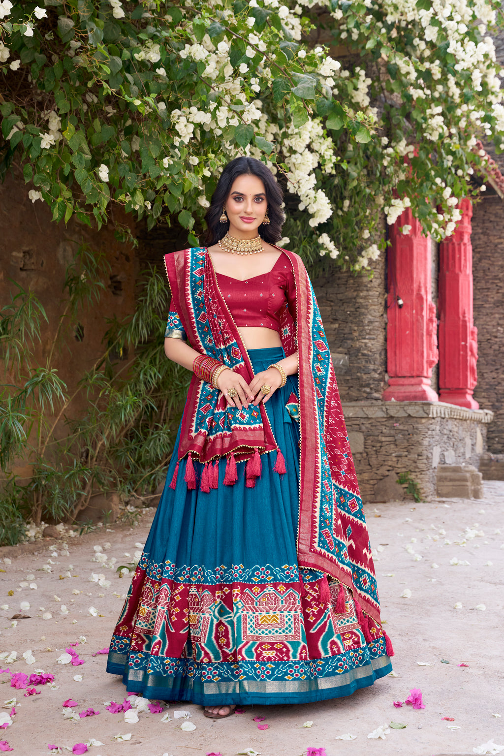 Women's Firozi Blue Tusser Silk Lehenga Choli with Floral Print, Foil Work & Gotta Patti Dupatta | Designer Festive & Wedding Wear