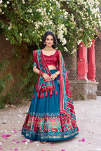 Women's Firozi Blue Tusser Silk Lehenga Choli with Floral Print, Foil Work & Gotta Patti Dupatta | Designer Festive & Wedding Wear