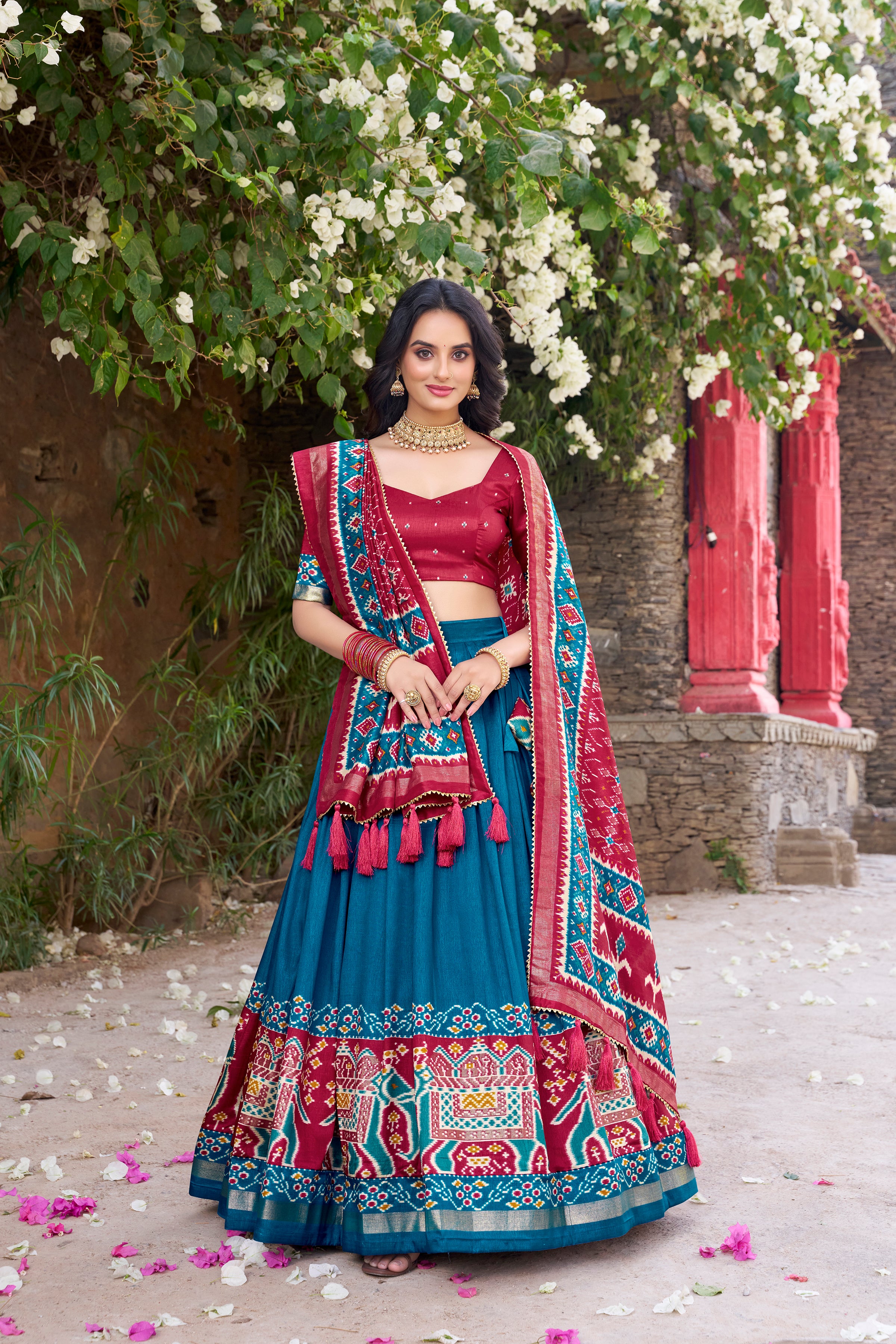 Women's Firozi Blue Tusser Silk Lehenga Choli with Floral Print, Foil Work & Gotta Patti Dupatta | Designer Festive & Wedding Wear