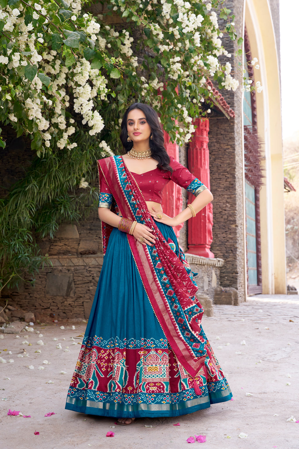 Women's Firozi Blue Tusser Silk Lehenga Choli with Floral Print, Foil Work & Gotta Patti Dupatta | Designer Festive & Wedding Wear