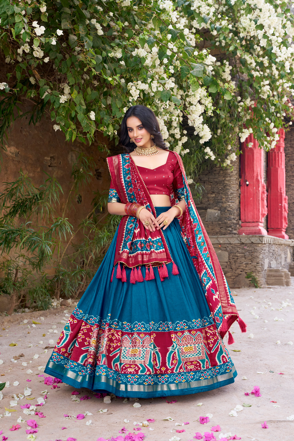 Women's Firozi Blue Tusser Silk Lehenga Choli with Floral Print, Foil Work & Gotta Patti Dupatta | Designer Festive & Wedding Wear