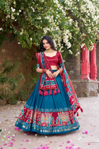 Women's Firozi Blue Tusser Silk Lehenga Choli with Floral Print, Foil Work & Gotta Patti Dupatta | Designer Festive & Wedding Wear